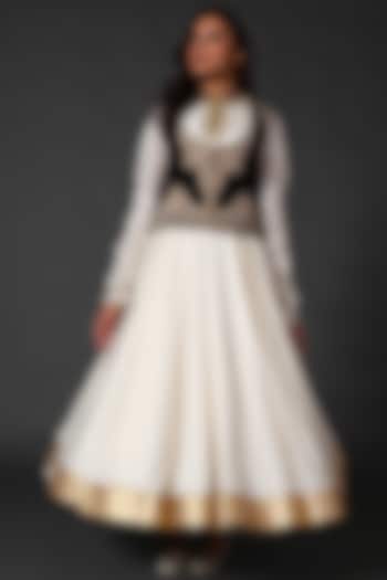 Ivory Anarkali Set With Black Embroidered Koti by Rohit Bal