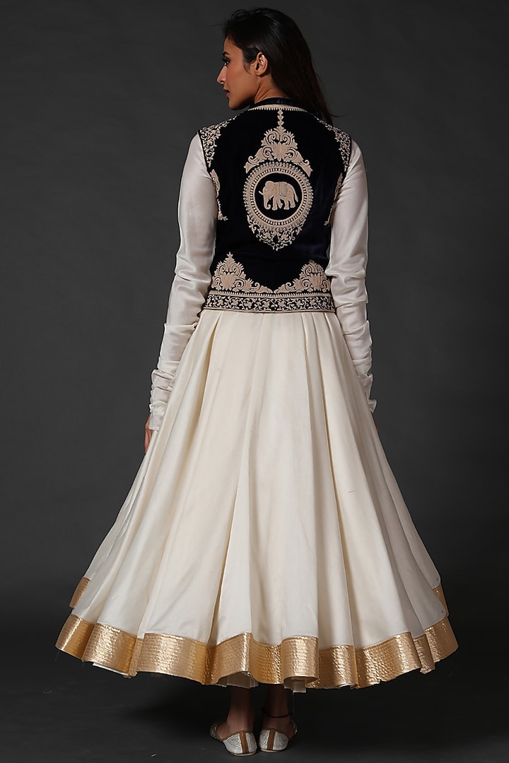 Ivory Wedding Anarkali Set With Black Embroidered Koti by Rohit Bal at Pernia's Pop Up Shop
