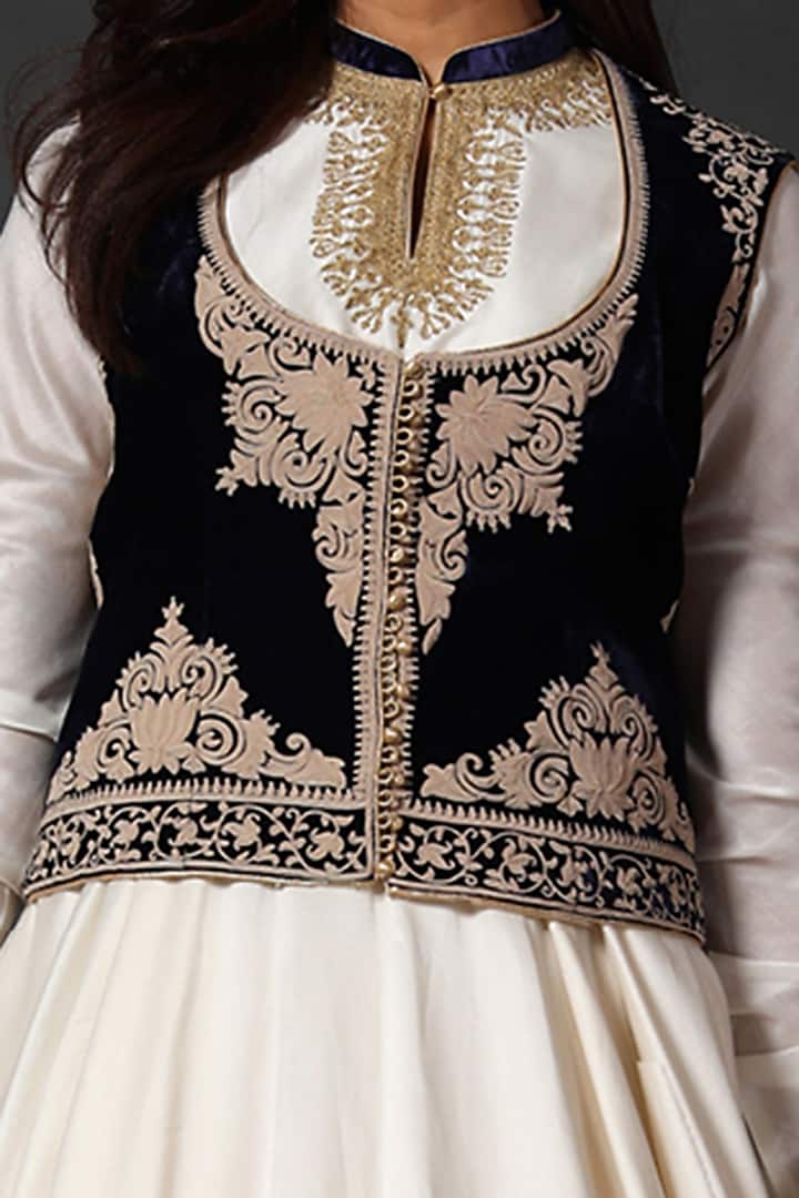 Ivory Wedding Anarkali Set With Black Embroidered Koti by Rohit Bal at Pernia's Pop Up Shop