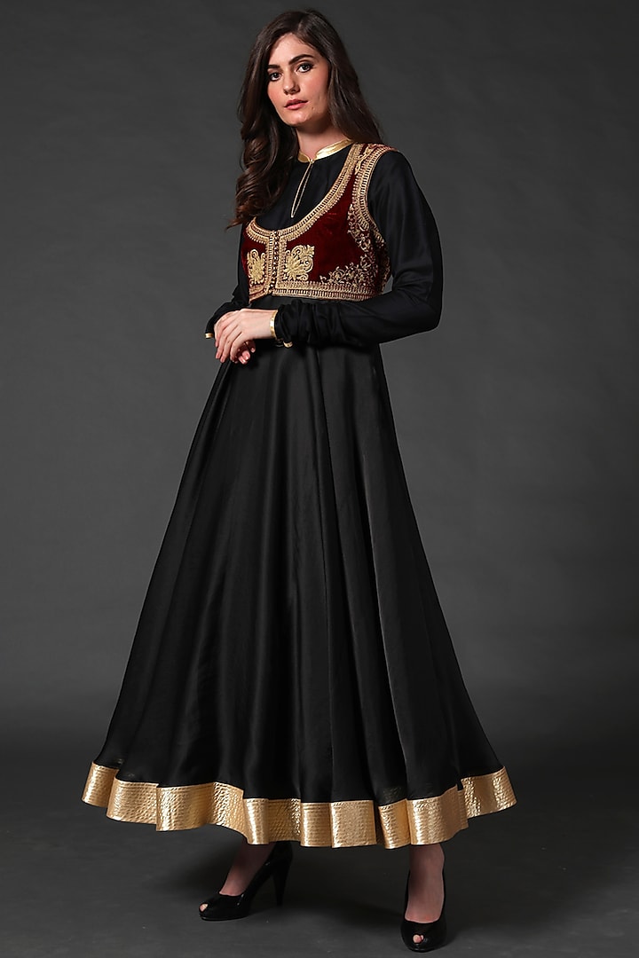 Black Anarkali Set With Embroidered Koti by Rohit Bal