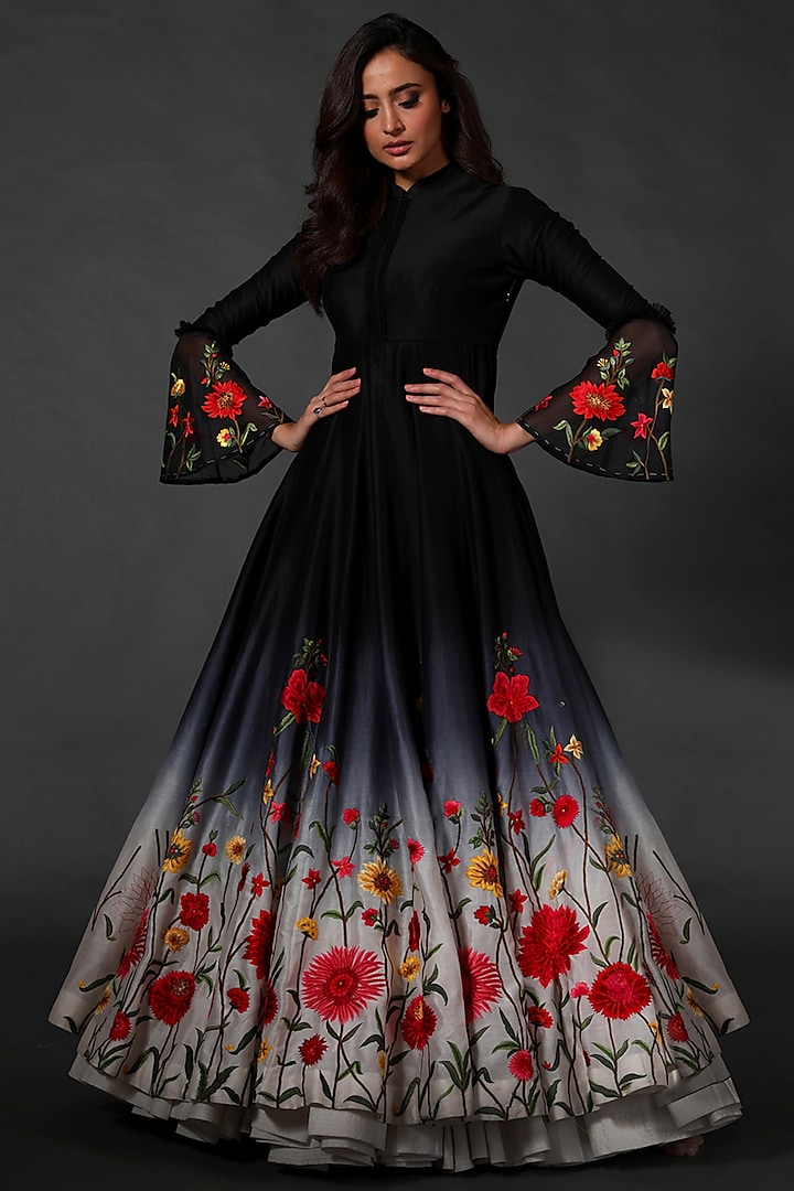 Black Ombre Machine Embroidered Anarkali Set by Rohit Bal
