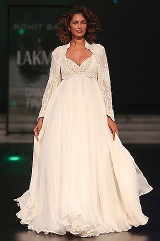Ivory Chiffon Anarkali Set by Rohit Bal