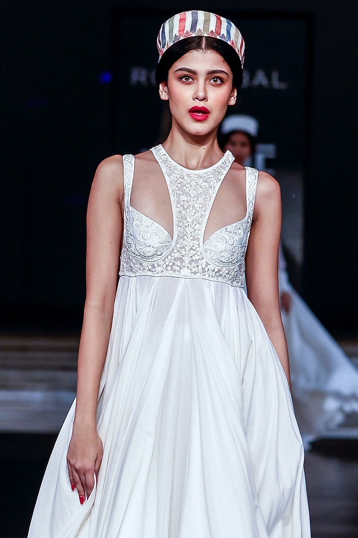 Ivory Mul Mul Resham Embroidered Bridal Anarkali Set by Rohit Bal at Pernia's Pop Up Shop