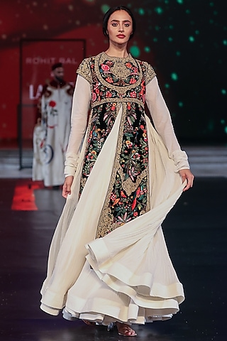 Ivory & Black Chanderi Resham Embroidered Anarkali Set by Rohit Bal