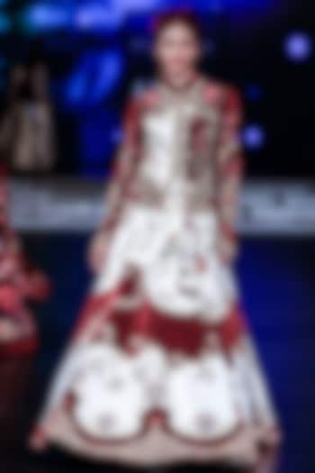 Ivory & Maroon Matka Silk Resham Embroidered Bridal Anarkali Set by Rohit Bal at Pernia's Pop Up Shop