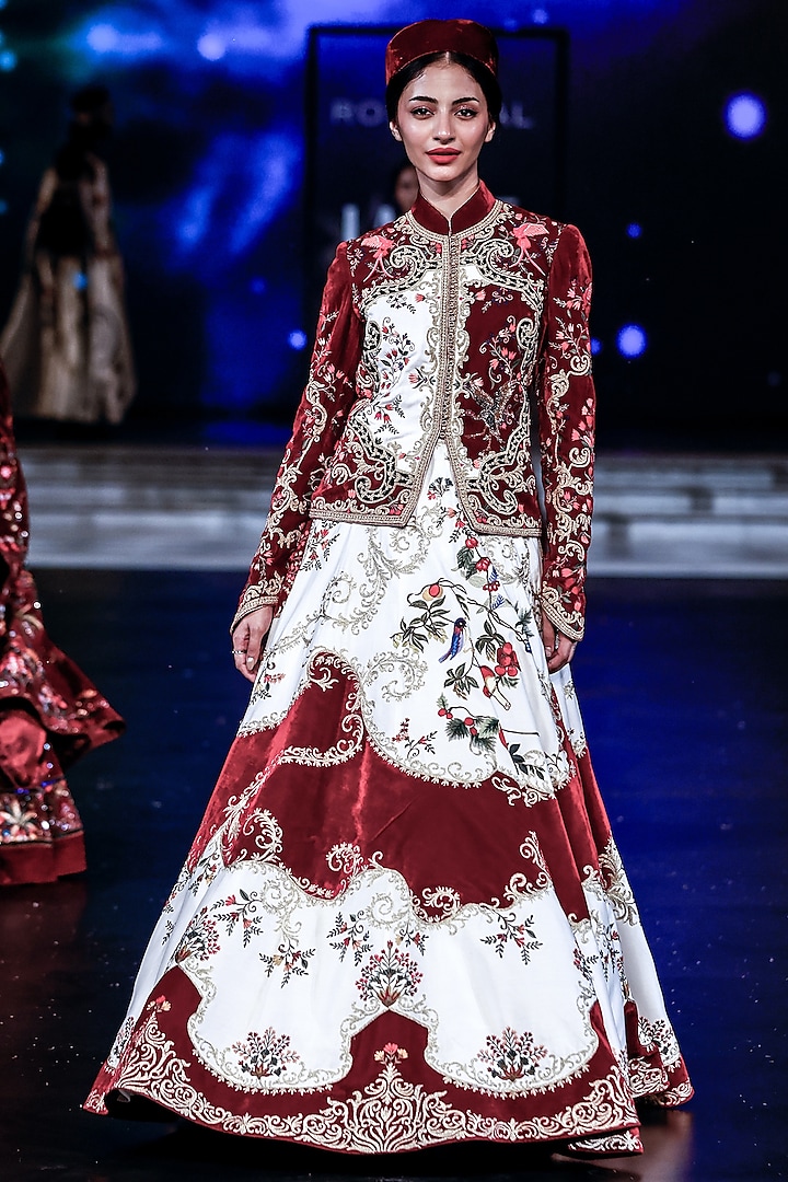 Ivory & Maroon Matka Silk Resham Embroidered Bridal Anarkali Set by Rohit Bal at Pernia's Pop Up Shop