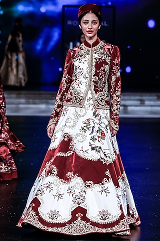Ivory & Maroon Matka Silk Resham Embroidered Anarkali Set by Rohit Bal