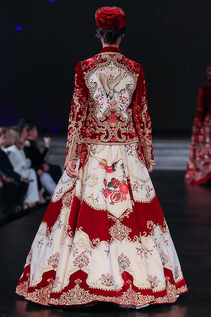 Ivory & Maroon Matka Silk Resham Embroidered Bridal Anarkali Set by Rohit Bal at Pernia's Pop Up Shop