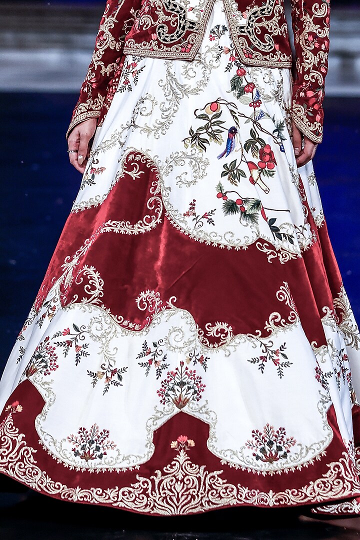 Ivory & Maroon Matka Silk Resham Embroidered Bridal Anarkali Set by Rohit Bal at Pernia's Pop Up Shop