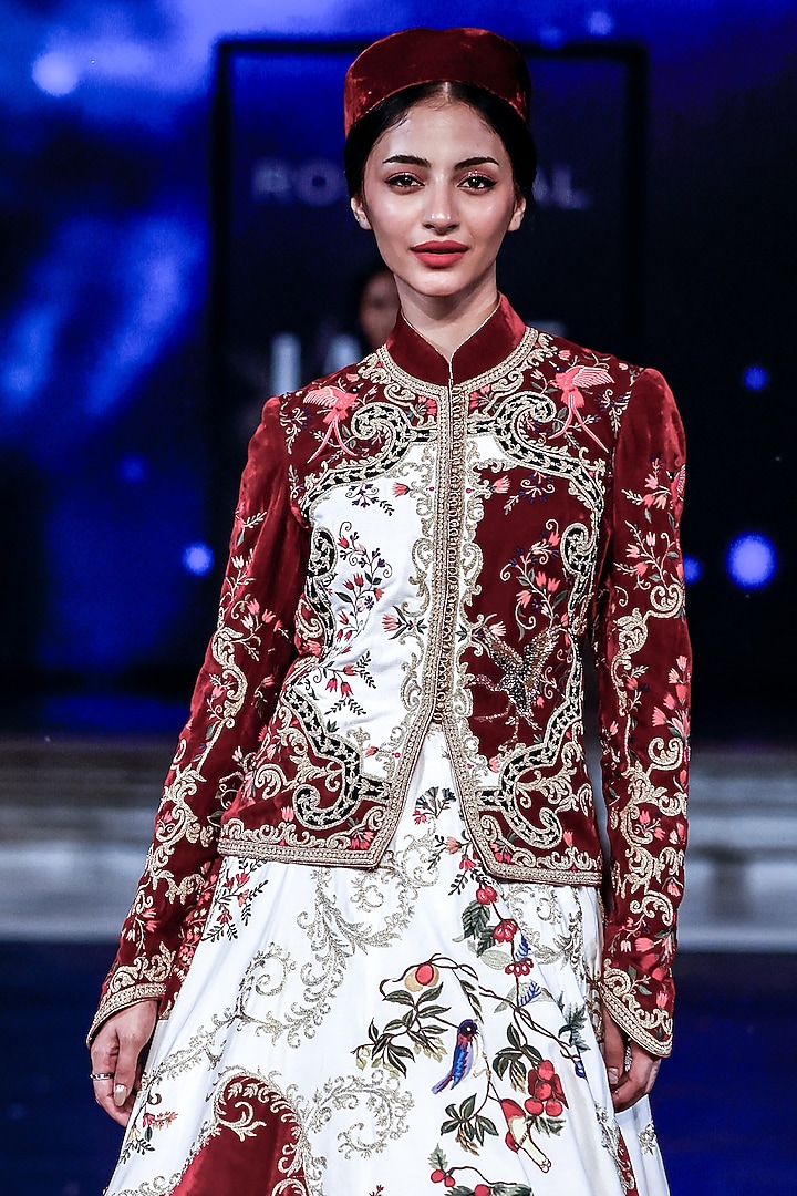 Ivory & Maroon Matka Silk Resham Embroidered Bridal Anarkali Set by Rohit Bal at Pernia's Pop Up Shop