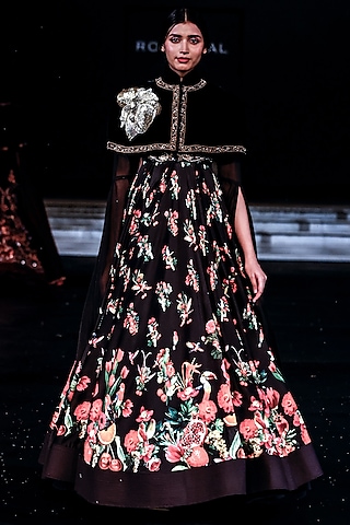 Black Chanderi Hand Embroidered Anarkali Set by Rohit Bal