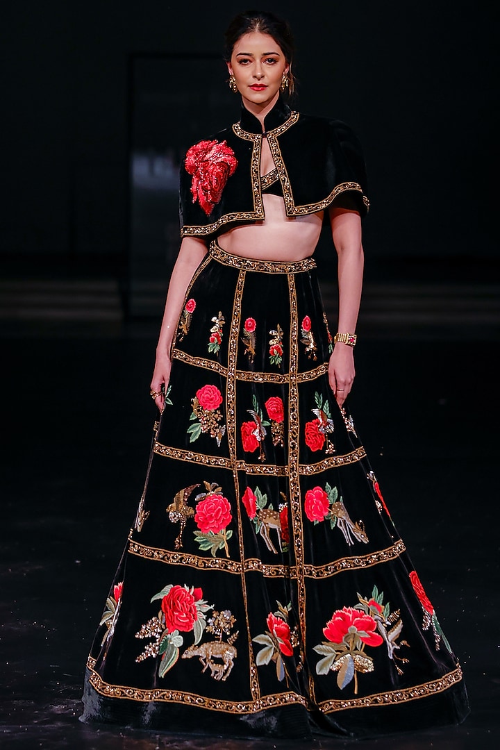 Black Velvet Hand & Machine Embroidered Bridal lehenga for 22 Lehenga Set by Rohit Bal at Pernia's Pop Up Shop