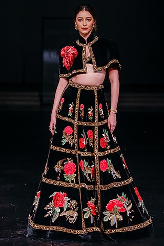 Black Velvet Hand & Machine Embroidered Lehenga Set by Rohit Bal