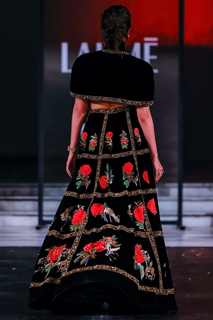 Black Velvet Hand & Machine Embroidered Bridal Lehenga Set by Rohit Bal at Pernia's Pop Up Shop