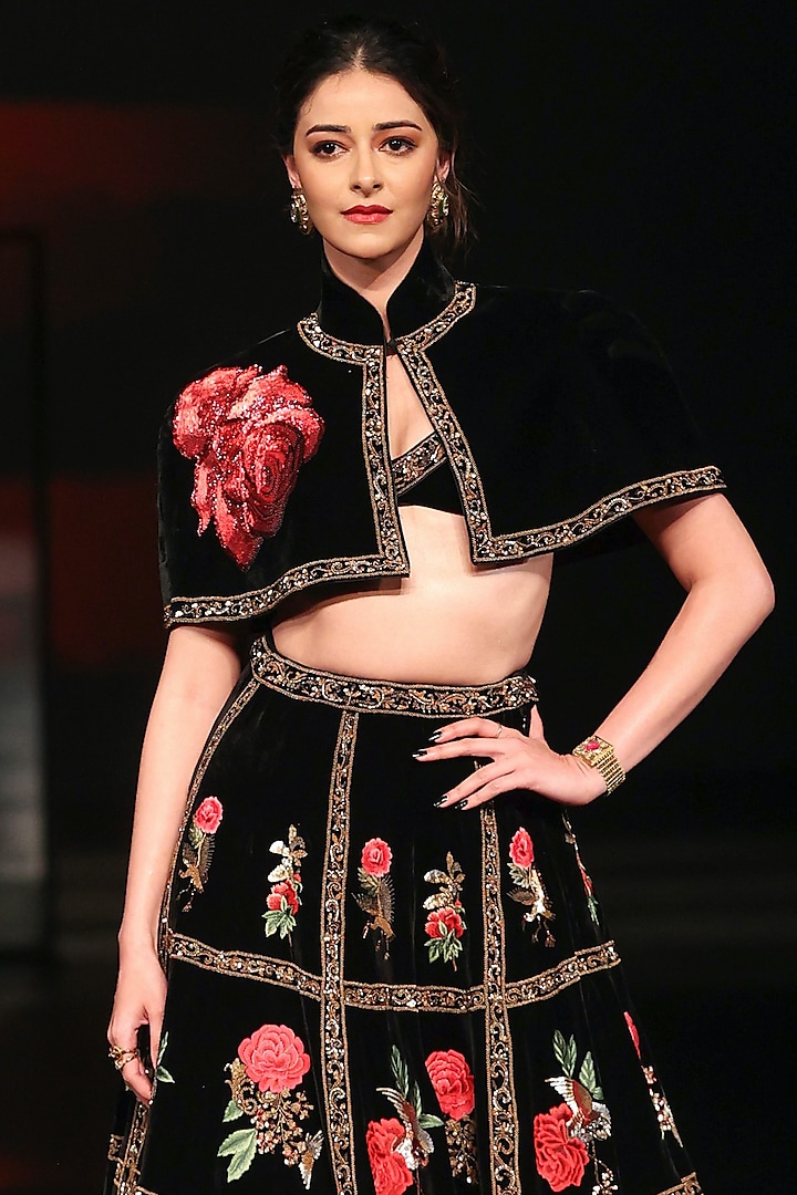 Black Velvet Hand & Machine Embroidered Bridal Lehenga Set by Rohit Bal at Pernia's Pop Up Shop
