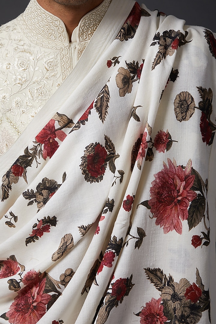 Ivory Printed Khadi Shawl by Rohit Bal Men at Pernia's Pop Up Shop