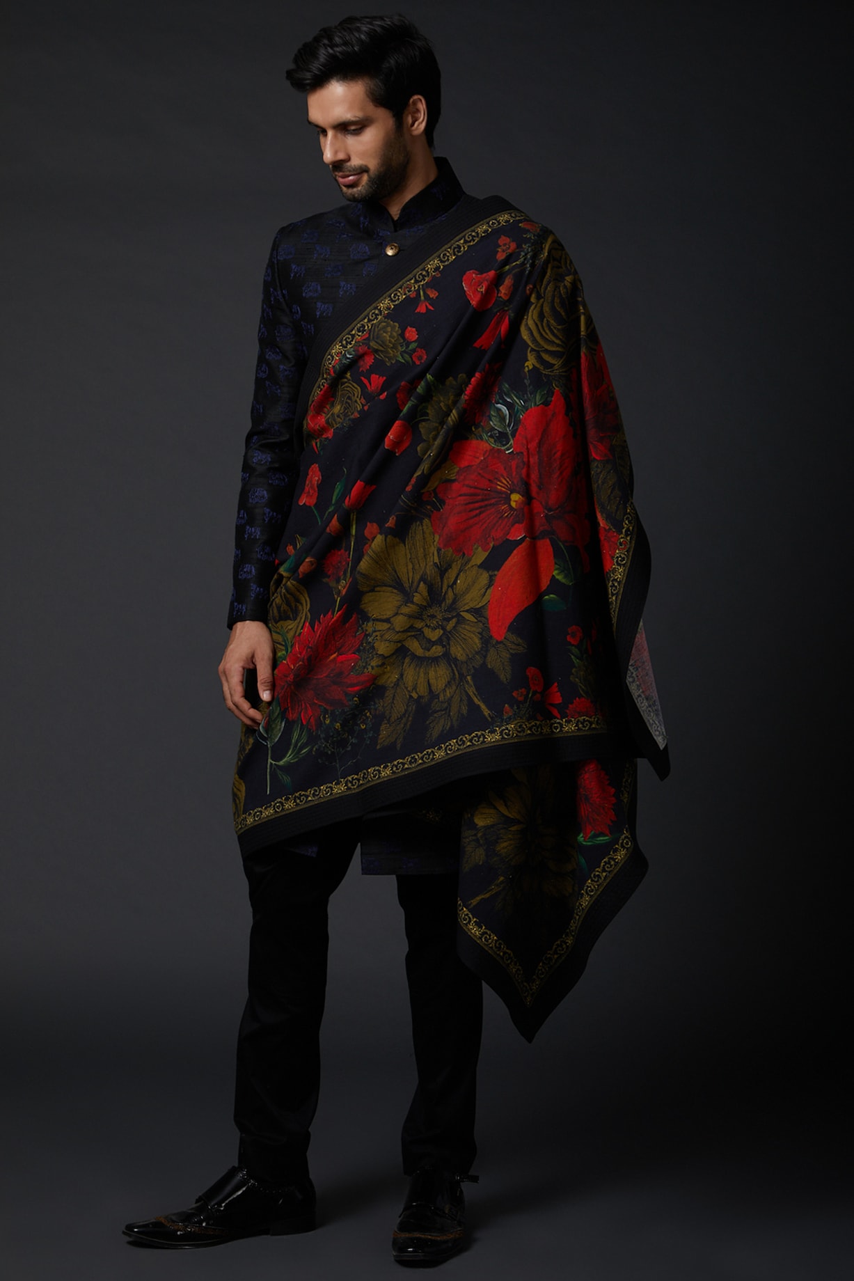 Indigo Blue Khadi Printed Shawl by Rohit Bal Men at Pernia's Pop