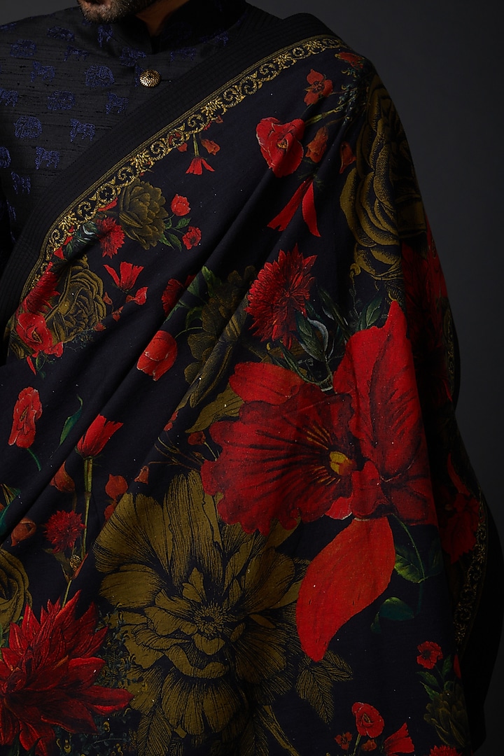 Indigo Blue Khadi Printed Shawl by Rohit Bal Men at Pernia's Pop Up Shop
