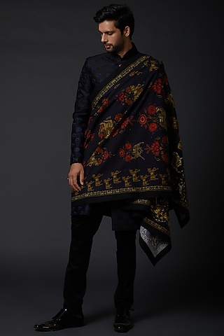 Indigo Blue Khadi Shawl With Print by Rohit Bal Men