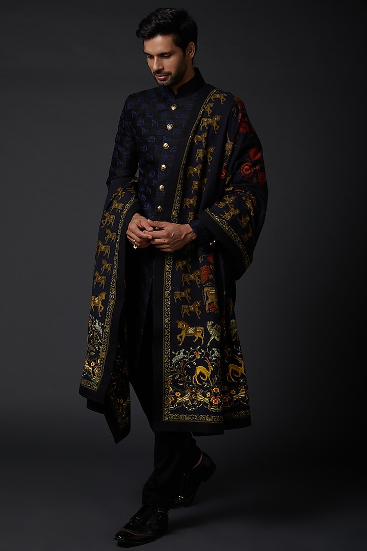 Indigo Blue Khadi Shawl With Print by Rohit Bal Men at Pernia's Pop Up Shop