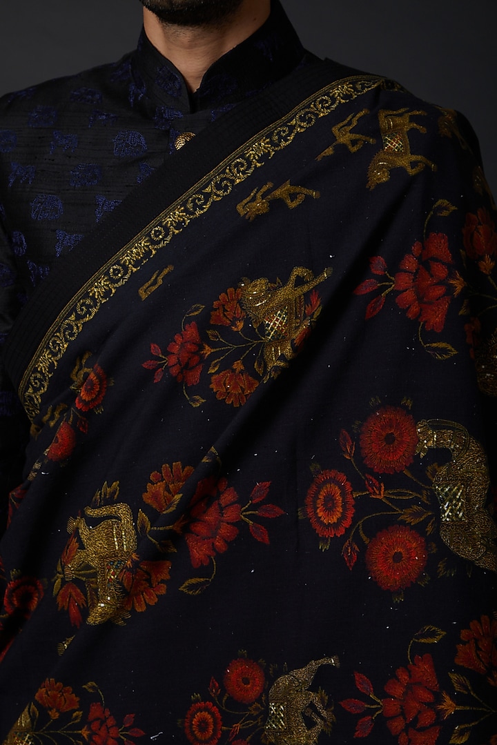 Indigo Blue Khadi Shawl With Print by Rohit Bal Men at Pernia's Pop Up Shop