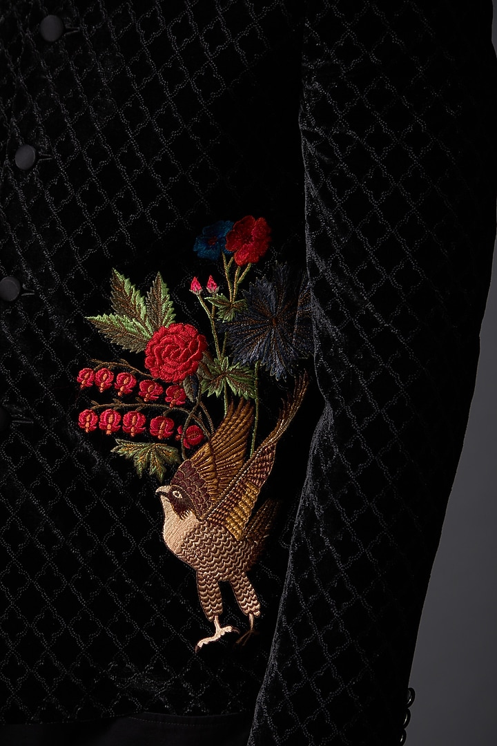 Black Silk Velvet Groom Bandhgala by Rohit Bal Men at Pernia's Pop Up Shop