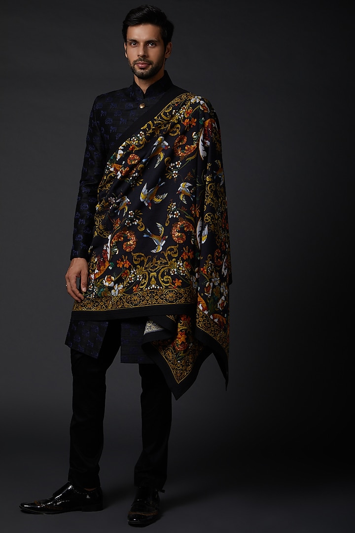 Indigo Blue Shawl With Digital Print by Rohit Bal Men at Pernia's Pop Up Shop