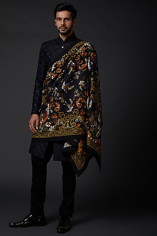 Indigo Blue Shawl With Digital Print by Rohit Bal Men