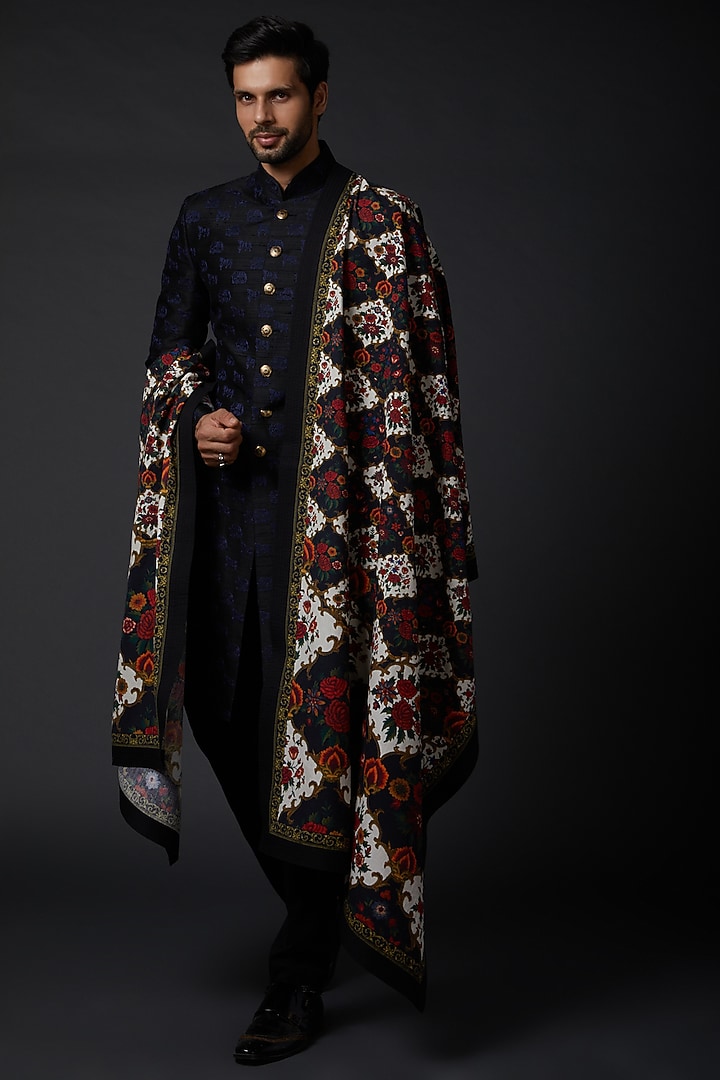 Ivory Shawl With Print by Rohit Bal Men at Pernia's Pop Up Shop