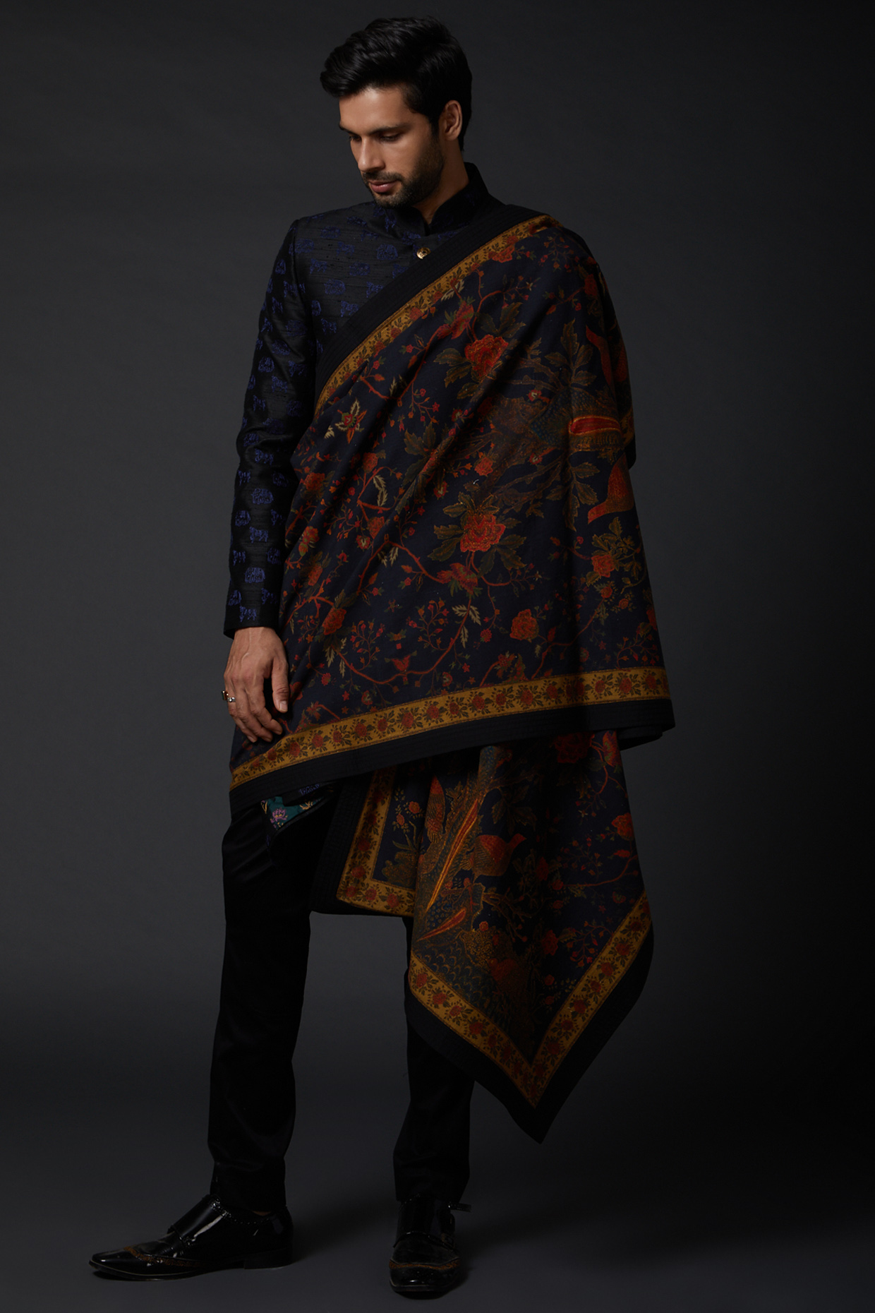 Indigo Blue Shawl With Digital Print by Rohit Bal Men at Pernia's Pop Up Shop