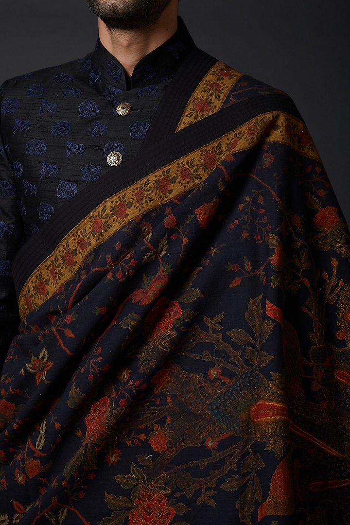 Indigo Blue Shawl With Digital Print by Rohit Bal Men at Pernia's Pop Up Shop