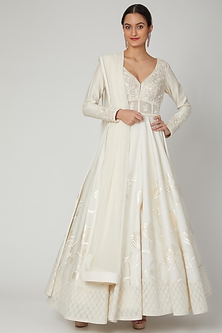 Ivory Machine Embroidered Anarkali Set by Rohit Bal