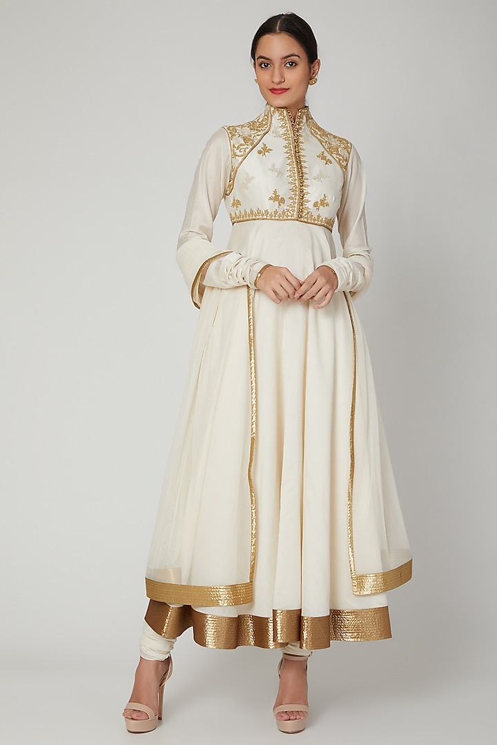 Ivory Embroidered Chanderi Anarkali Set by Rohit Bal