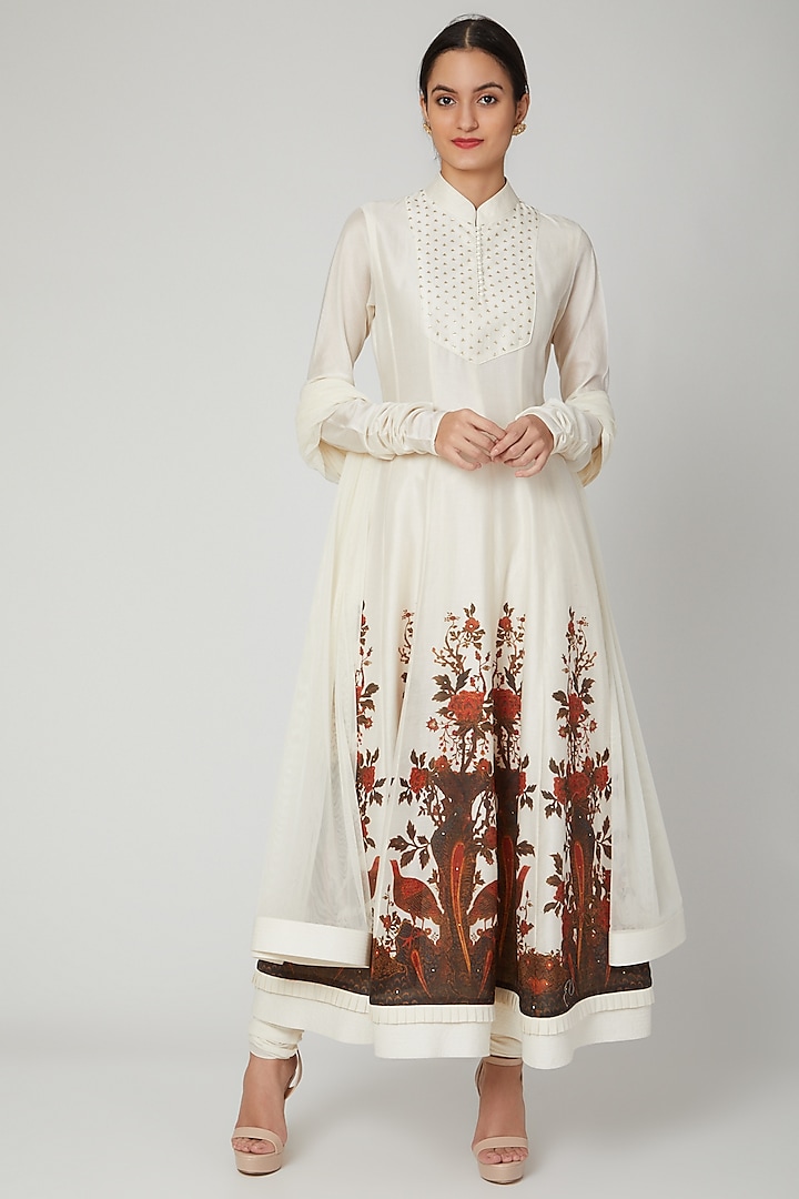 Ivory Hand Embroidered Anarkali Set by Rohit Bal
