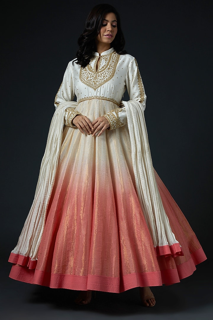 White & Peach Hand Embroidered Anarkali Set by Rohit Bal