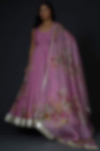 Pink Anarkali Set With Print by Rohit Bal