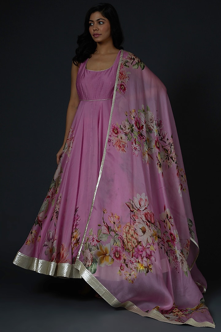 Pink Anarkali Set With Print by Rohit Bal