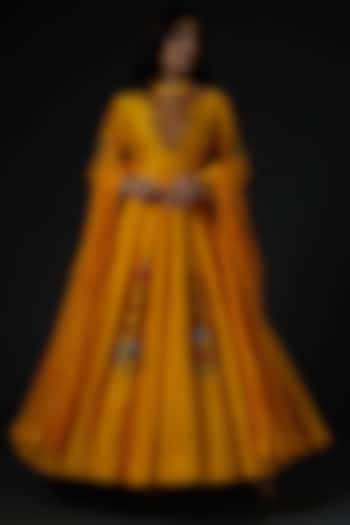 Mustard Hand Embroidered Anarkali Set by Rohit Bal