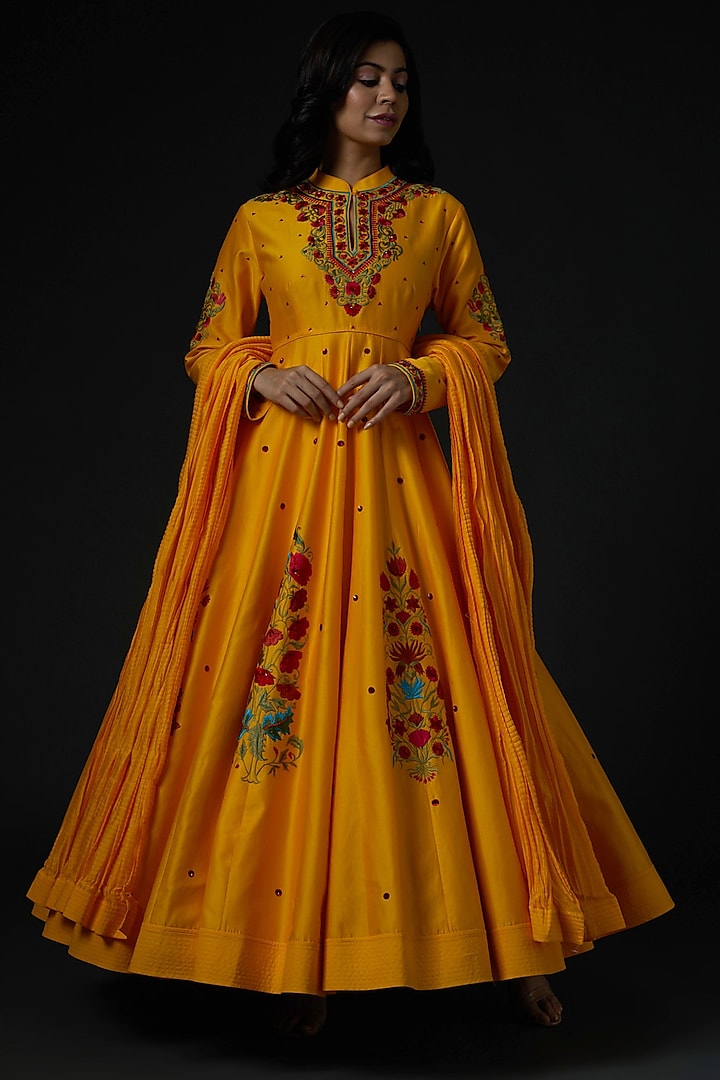 Mustard Hand Embroidered Anarkali Set by Rohit Bal