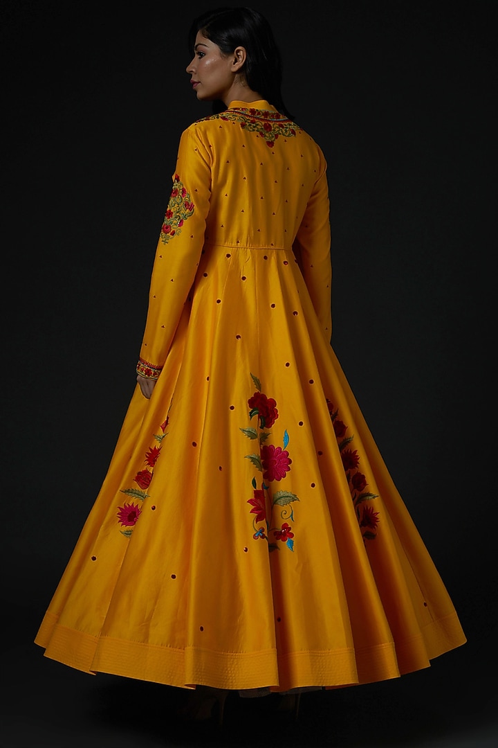 Mustard Hand Embroidered Bridal Anarkali Set by Rohit Bal at Pernia's Pop Up Shop