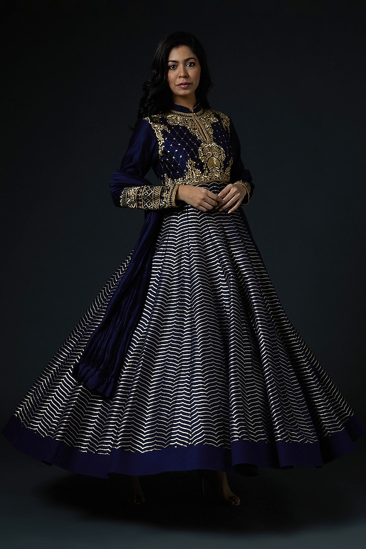 Navy Blue Hand Embroidered Anarkali Set by Rohit Bal