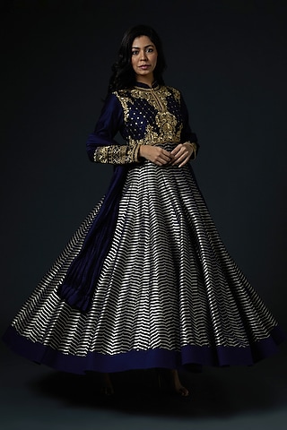 Navy Blue Hand Embroidered Anarkali Set by Rohit Bal