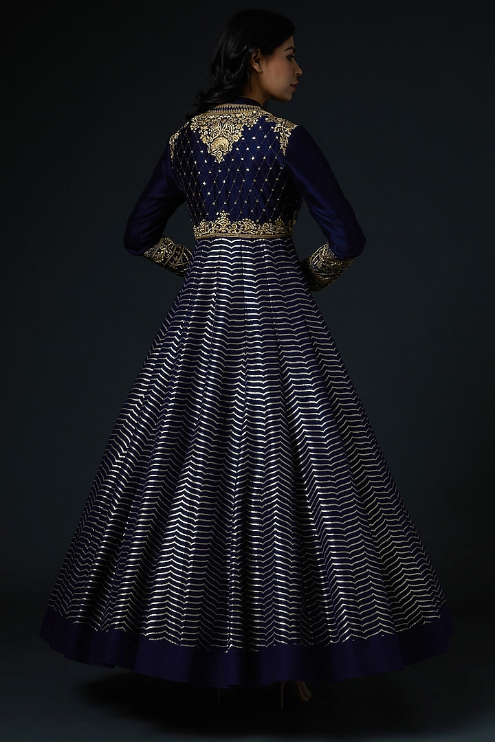 Navy Blue Hand Embroidered Bridal Anarkali Set by Rohit Bal at Pernia's Pop Up Shop