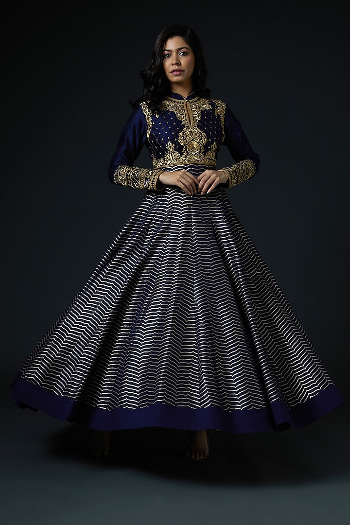 Navy Blue Hand Embroidered Bridal Anarkali Set by Rohit Bal at Pernia's Pop Up Shop