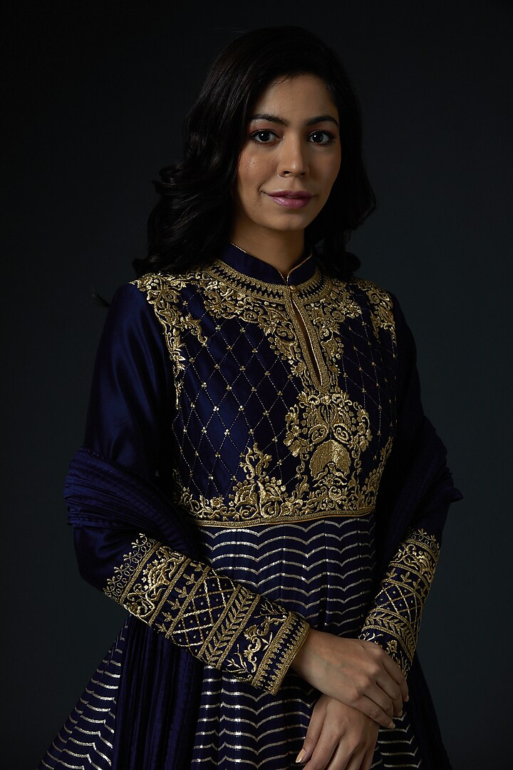 Navy Blue Hand Embroidered Bridal Anarkali Set by Rohit Bal at Pernia's Pop Up Shop