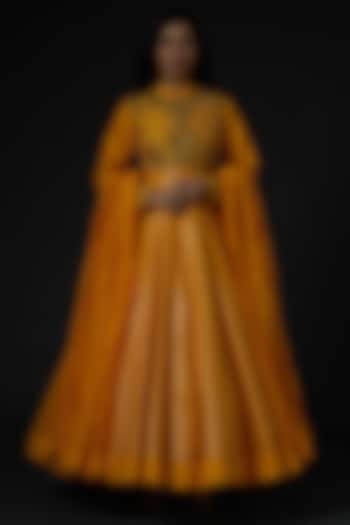Mustard Anarkali Set With Hand Embroidery by Rohit Bal