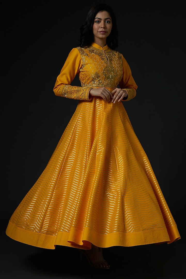 Mustard Bridal Anarkali Set With Hand Embroidery by Rohit Bal at Pernia's Pop Up Shop