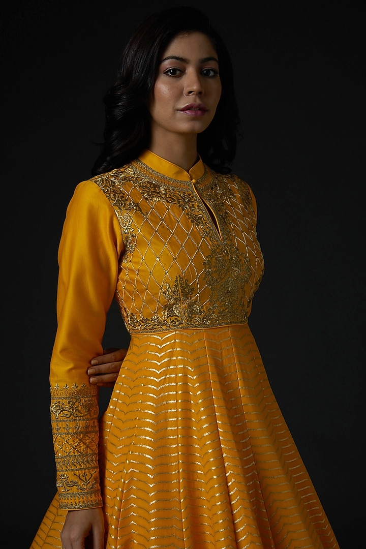 Mustard Bridal Anarkali Set With Hand Embroidery by Rohit Bal at Pernia's Pop Up Shop