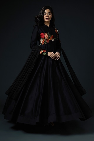 Black Anarkali Set With Embroidery by Rohit Bal