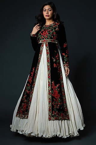 Black & White Hand Embroidered Anarkali Set by Rohit Bal
